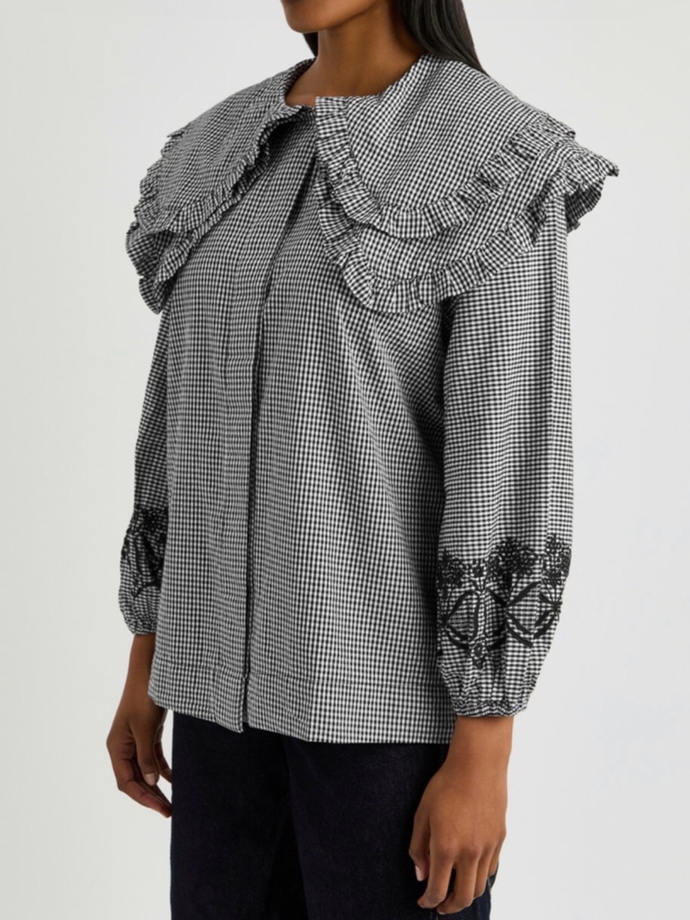 Damson Madder Black & White Gingham Ruffle Collar Blouse - Picture 2 of 8